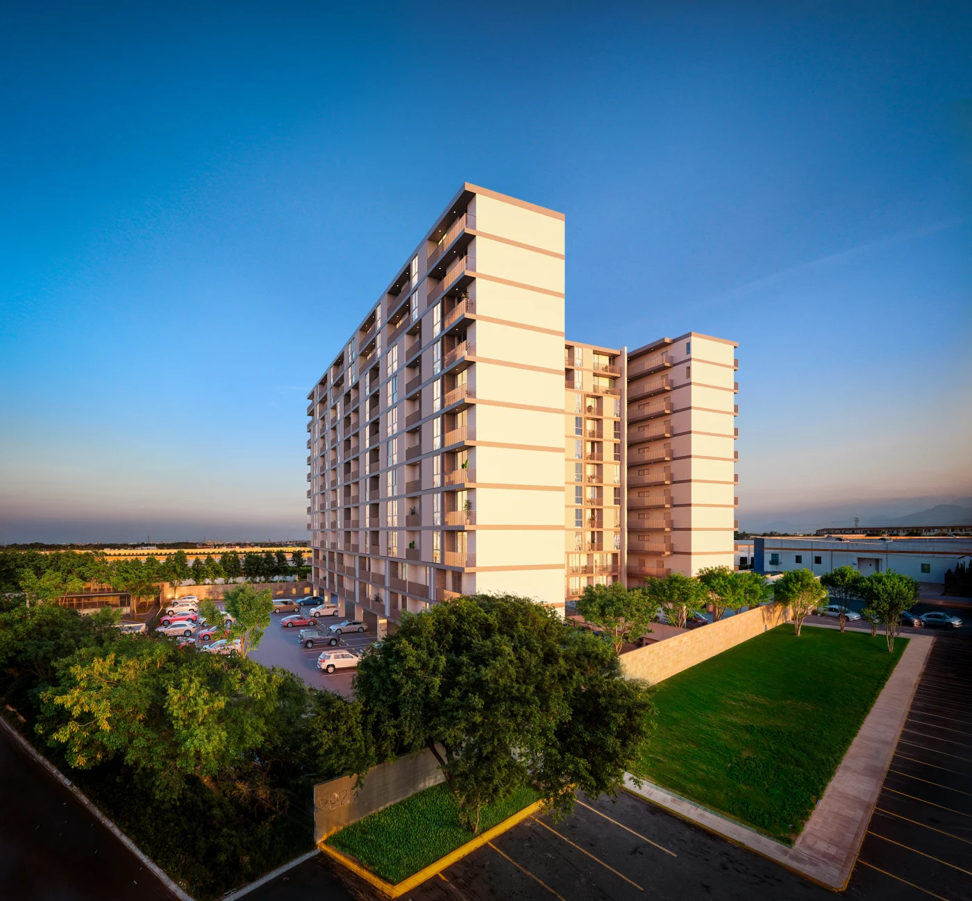 Arquitectura de Nuvia al atardecer