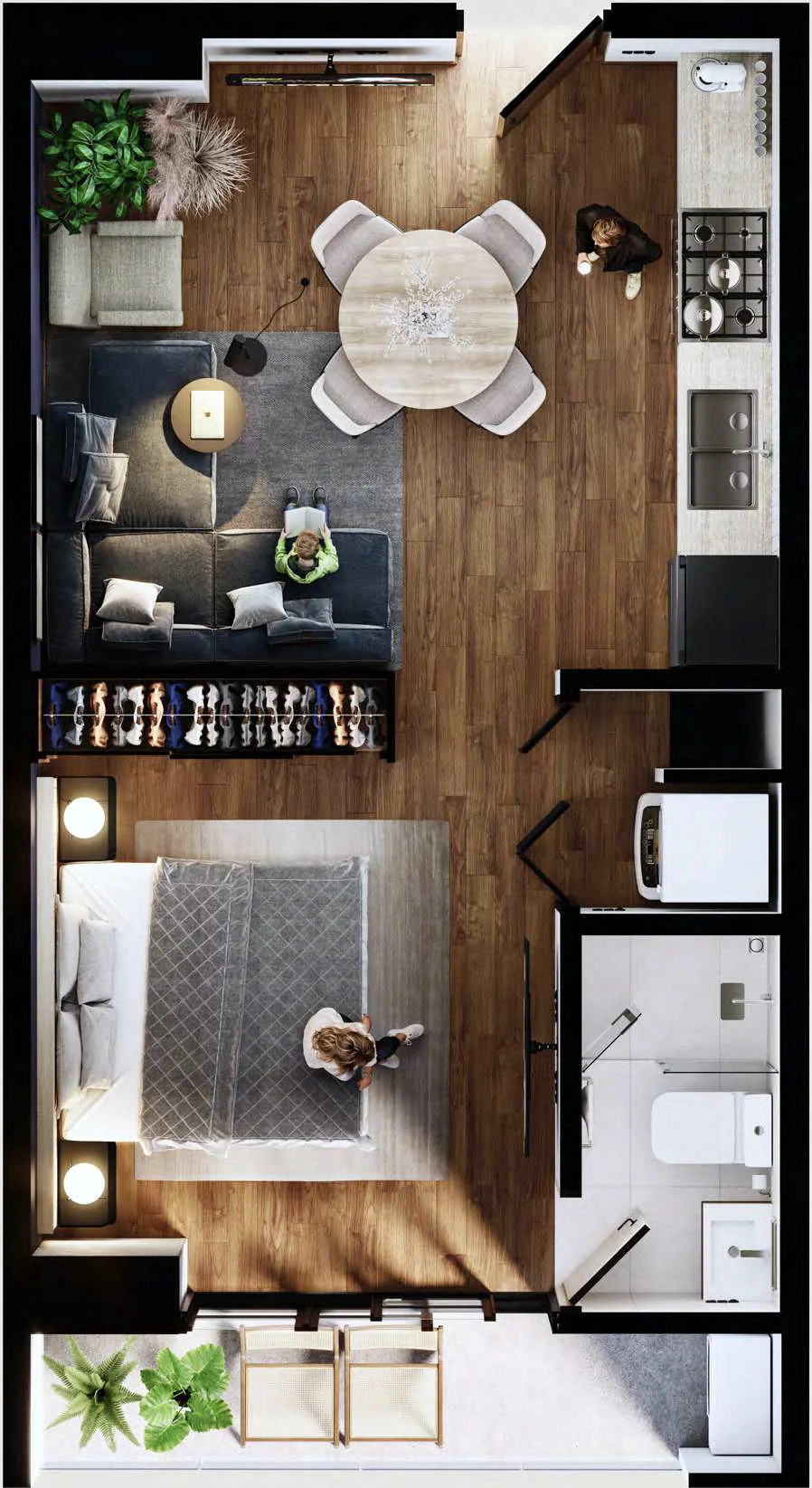 Distribución del departamento: área social, cocina, recámara, balcón y baño