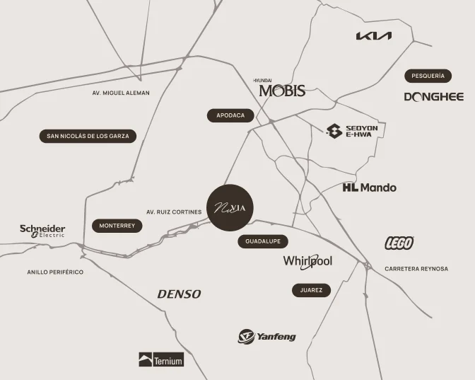 Mapa de Nuvia y su conexión con el corredor industrial de Nuevo León
